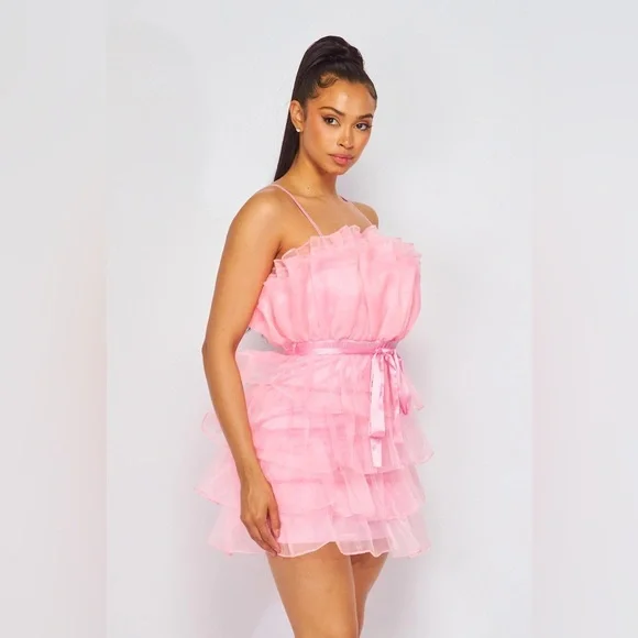 knee length dresses for ladies Alesia Tiered Organza Babydoll Mini Dress